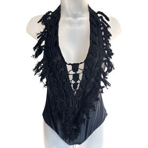 Maria Maria Plunged Neck Crotchet Embroidered Tassel One Piece. Size Medium